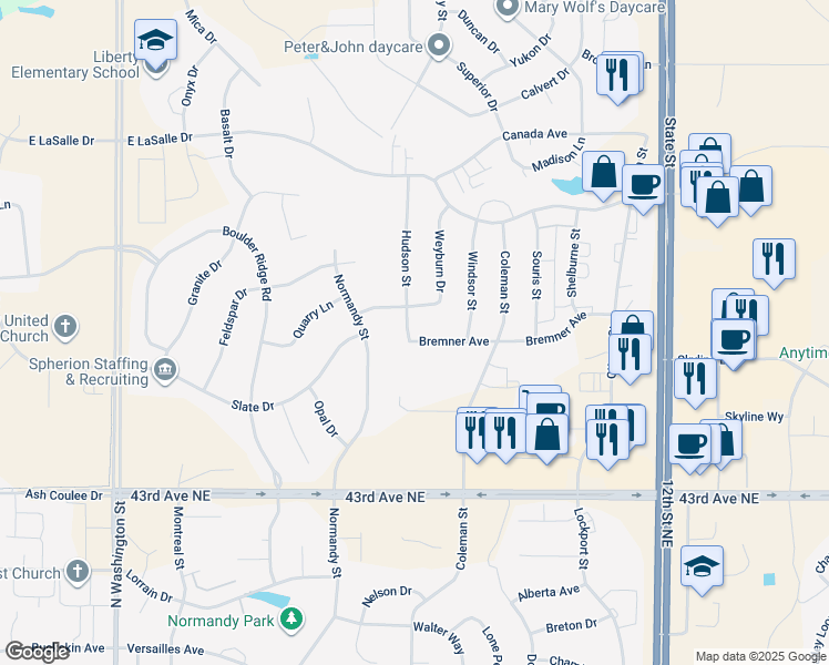 map of restaurants, bars, coffee shops, grocery stores, and more near 700 Bremner Avenue in Bismarck