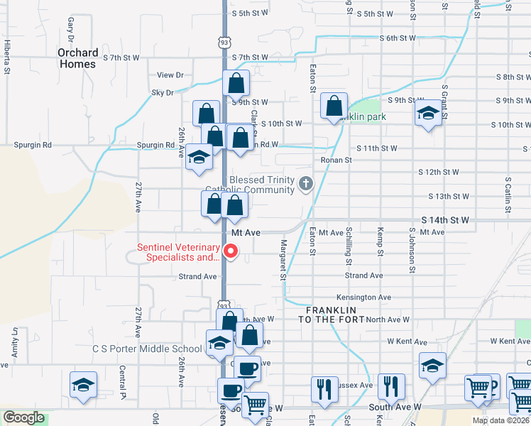 map of restaurants, bars, coffee shops, grocery stores, and more near 2420-2430 Cottage Court in Missoula