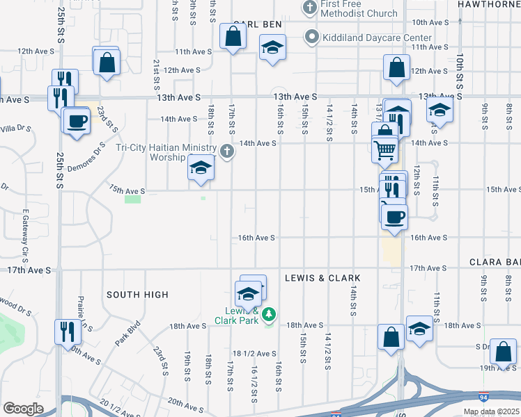 map of restaurants, bars, coffee shops, grocery stores, and more near 1522 16 1/2 St S in Fargo