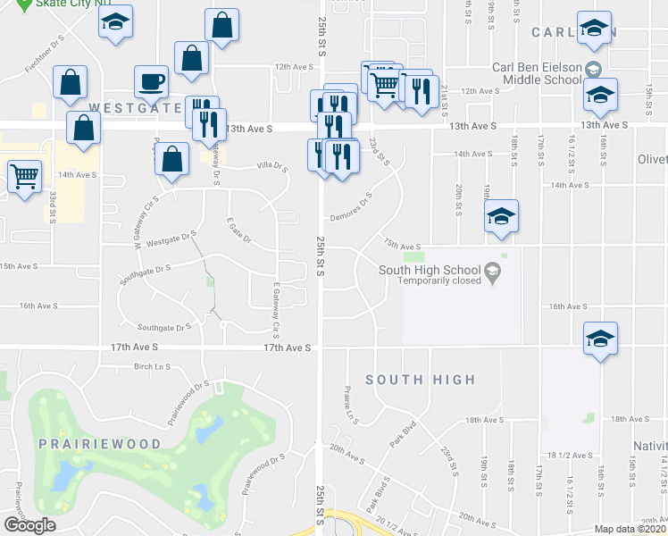 map of restaurants, bars, coffee shops, grocery stores, and more near 2402 North Flickertail Drive South in Fargo