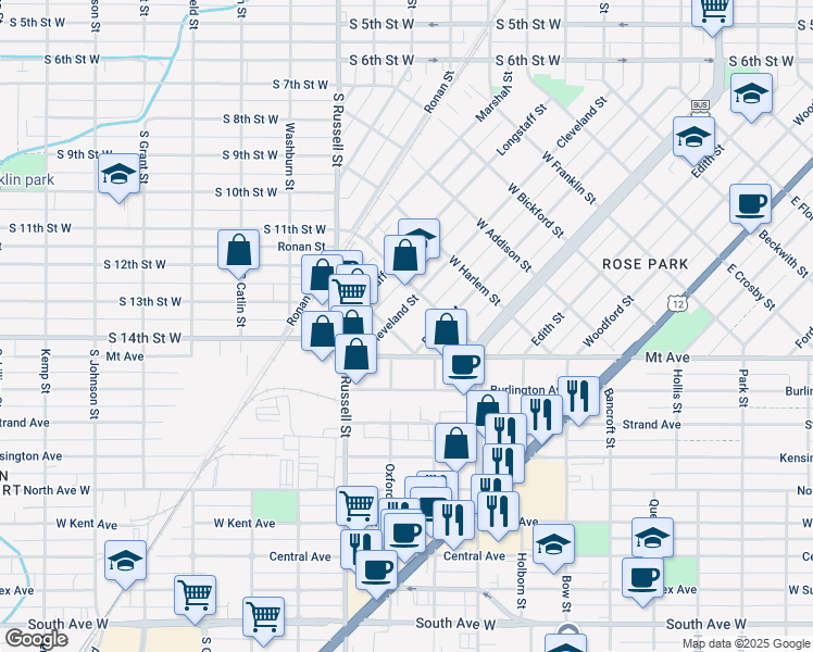 map of restaurants, bars, coffee shops, grocery stores, and more near 1122 Cleveland Street in Missoula