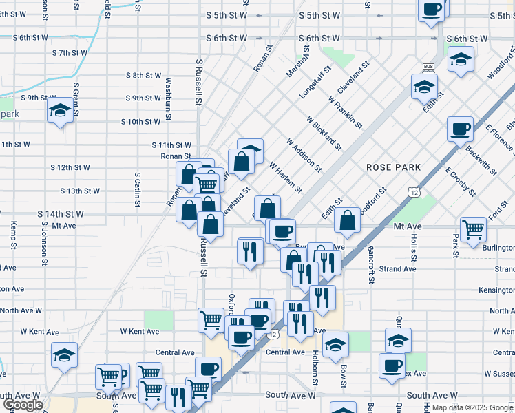 map of restaurants, bars, coffee shops, grocery stores, and more near 1109 Rollins Street in Missoula