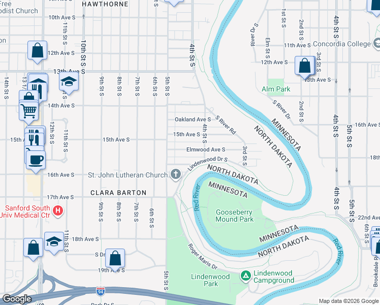 map of restaurants, bars, coffee shops, grocery stores, and more near 422 Elmwood Avenue South in Fargo