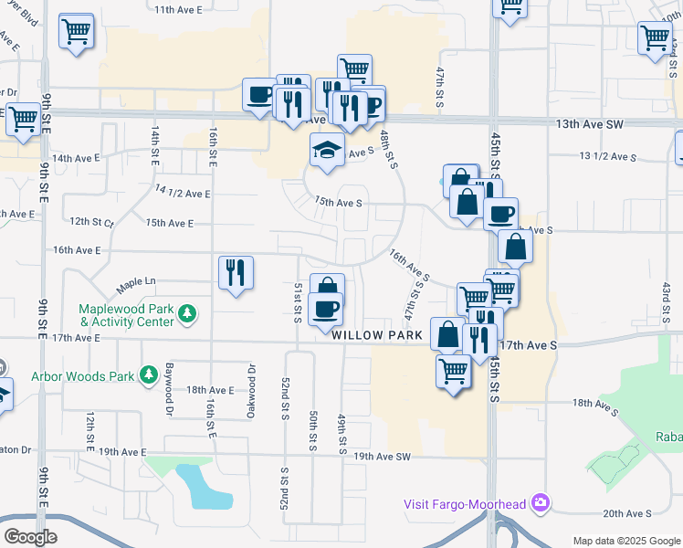 map of restaurants, bars, coffee shops, grocery stores, and more near 4874 16th Avenue South in Fargo