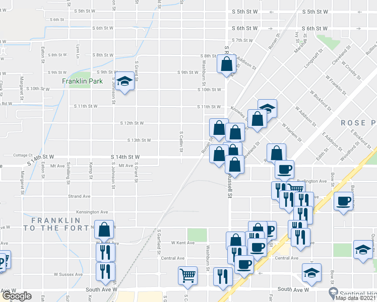 map of restaurants, bars, coffee shops, grocery stores, and more near 1505-1537 South Catlin Street in Missoula
