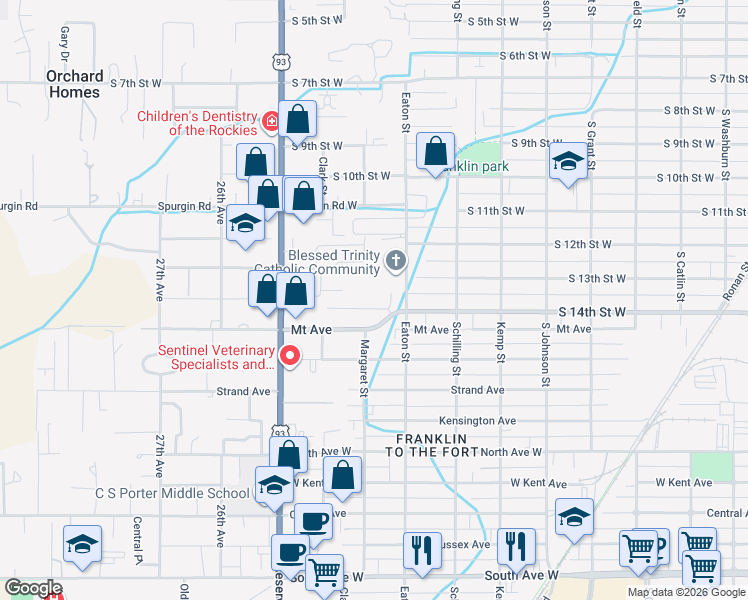 map of restaurants, bars, coffee shops, grocery stores, and more near 2360 Cottage Ct in Missoula