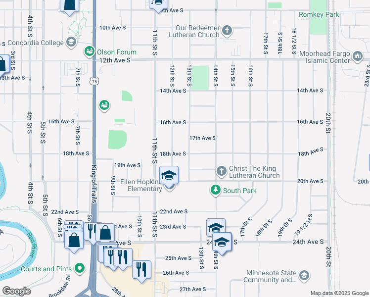 map of restaurants, bars, coffee shops, grocery stores, and more near 1715 13th Street South in Moorhead