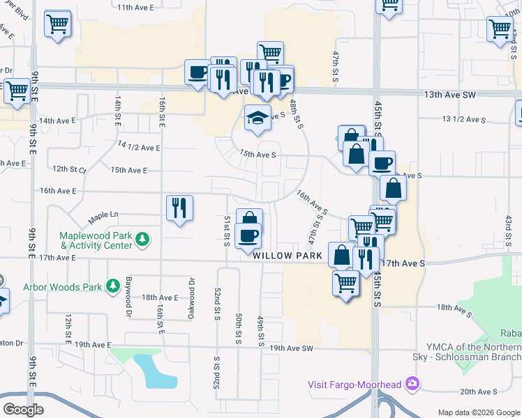 map of restaurants, bars, coffee shops, grocery stores, and more near 4874 16th Avenue South in Fargo