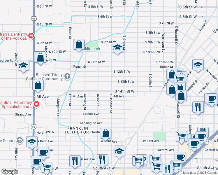 map of restaurants, bars, coffee shops, grocery stores, and more near 1525 S Johnson St in Missoula