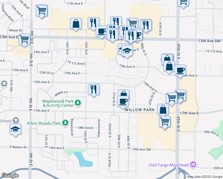 map of restaurants, bars, coffee shops, grocery stores, and more near 1607 51st Street South in Fargo