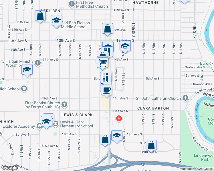 map of restaurants, bars, coffee shops, grocery stores, and more near 1518 13 1/2 Street South in Fargo