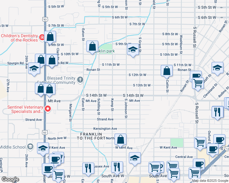 map of restaurants, bars, coffee shops, grocery stores, and more near 1528 Kemp Street in Missoula