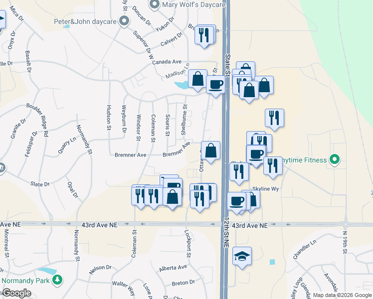 map of restaurants, bars, coffee shops, grocery stores, and more near 4705 Shelburne Street in Bismarck