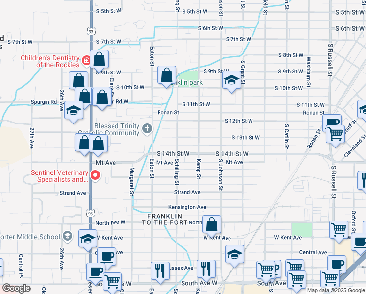 map of restaurants, bars, coffee shops, grocery stores, and more near 2150 South 14th Street West in Missoula