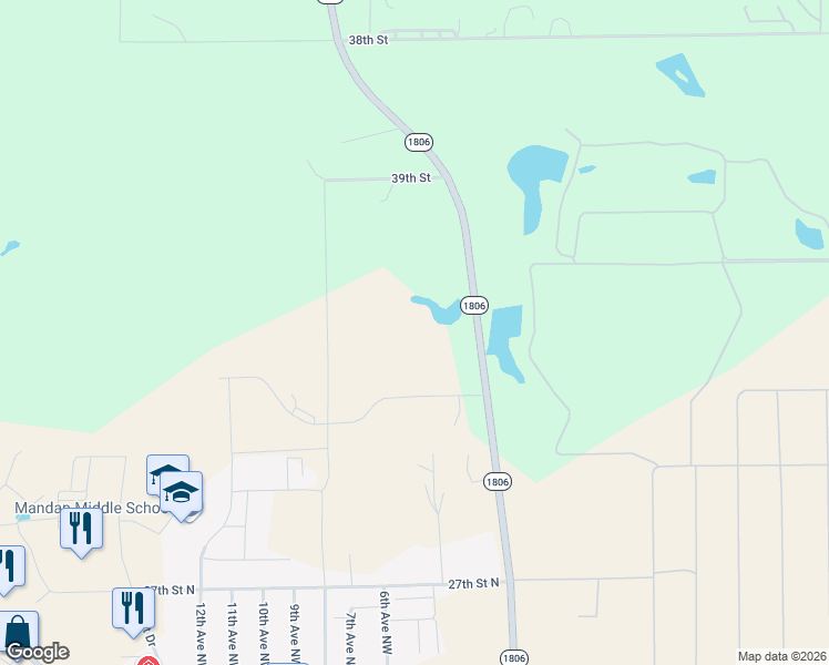 map of restaurants, bars, coffee shops, grocery stores, and more near 404 Beretta Street North in Mandan