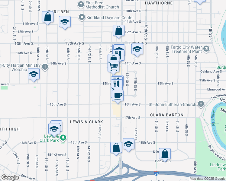 map of restaurants, bars, coffee shops, grocery stores, and more near 1518 13 1/2 Street South in Fargo