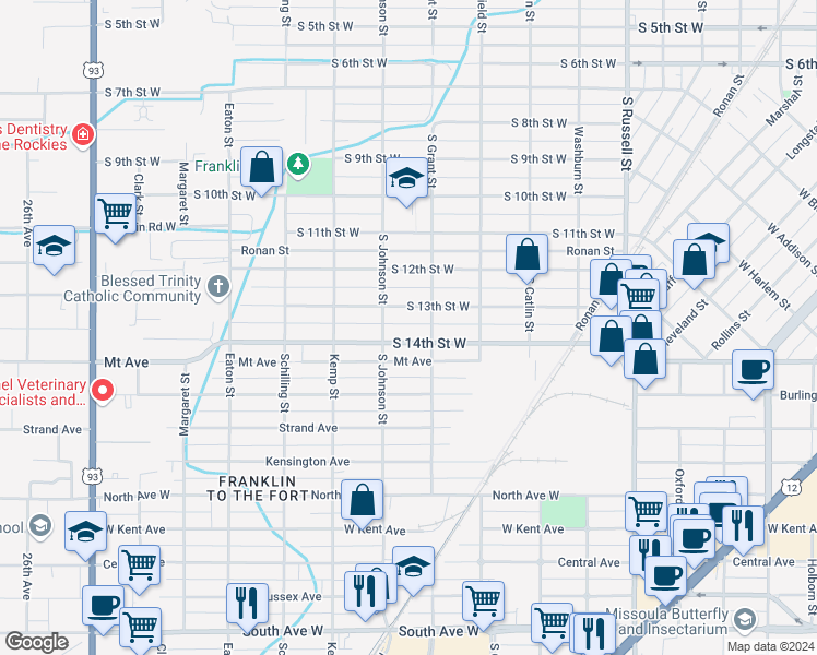 map of restaurants, bars, coffee shops, grocery stores, and more near 1930 South 14th Street West in Missoula