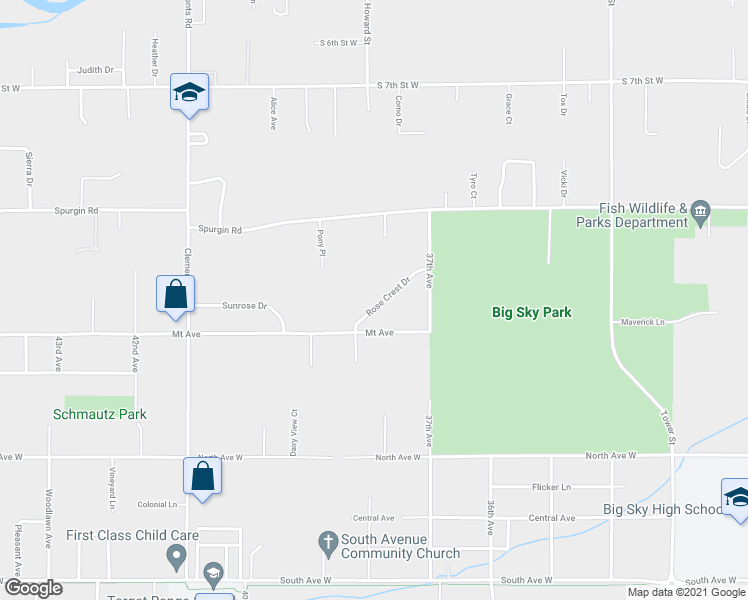 map of restaurants, bars, coffee shops, grocery stores, and more near 3740 Rose Crest Drive in Missoula