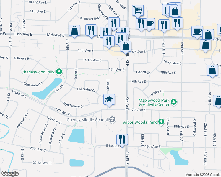 map of restaurants, bars, coffee shops, grocery stores, and more near 1629 8th Street East in West Fargo