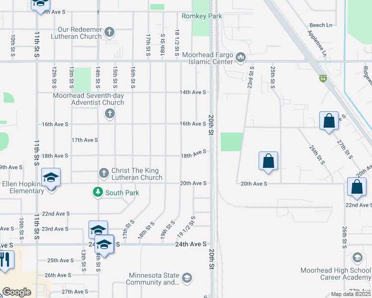 map of restaurants, bars, coffee shops, grocery stores, and more near 1716 19th Street South in Moorhead