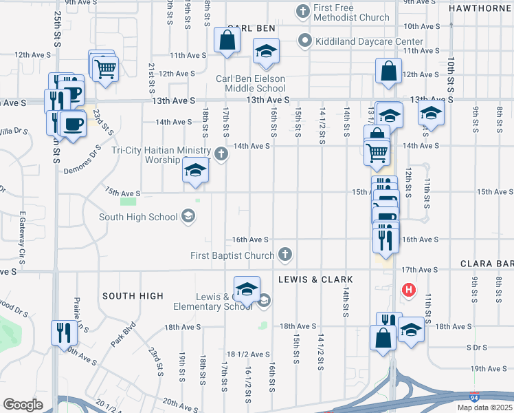 map of restaurants, bars, coffee shops, grocery stores, and more near 1522 16 1/2 Street South in Fargo