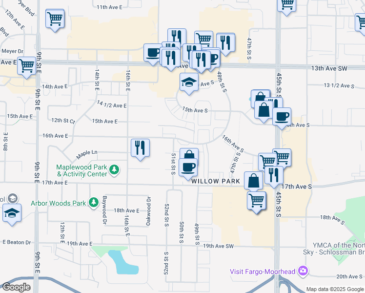 map of restaurants, bars, coffee shops, grocery stores, and more near 5002 51st Street South in Fargo