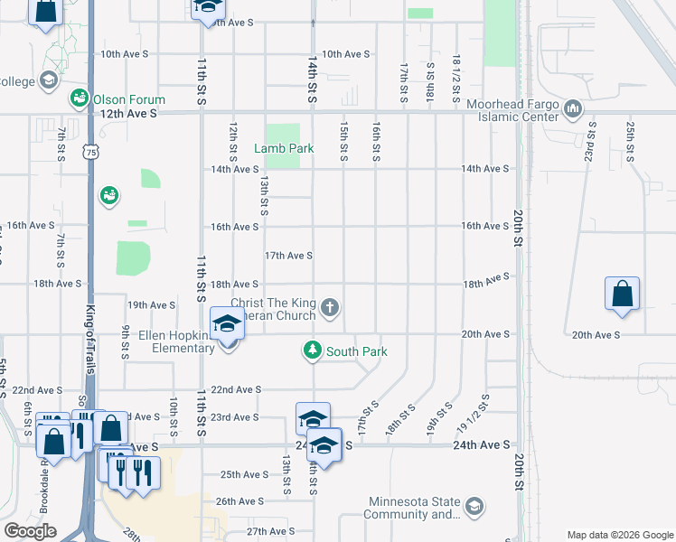 map of restaurants, bars, coffee shops, grocery stores, and more near 1717 15th Street South in Moorhead