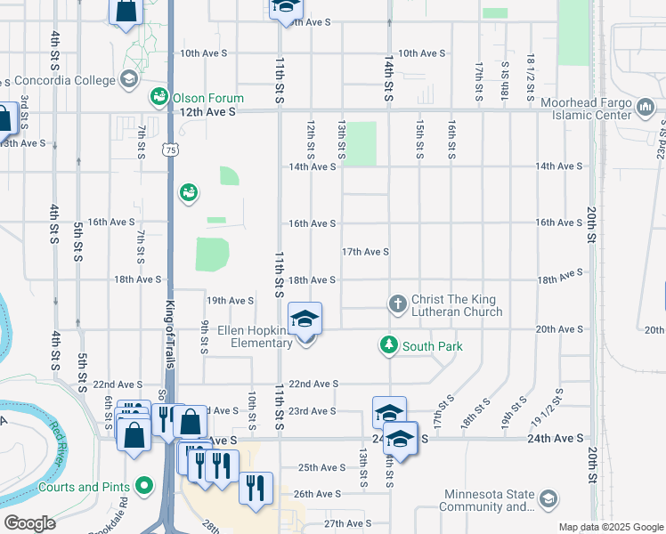 map of restaurants, bars, coffee shops, grocery stores, and more near 1715 13th Street South in Moorhead