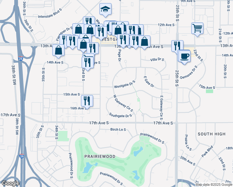 map of restaurants, bars, coffee shops, grocery stores, and more near 2849 Southgate Drive South in Fargo