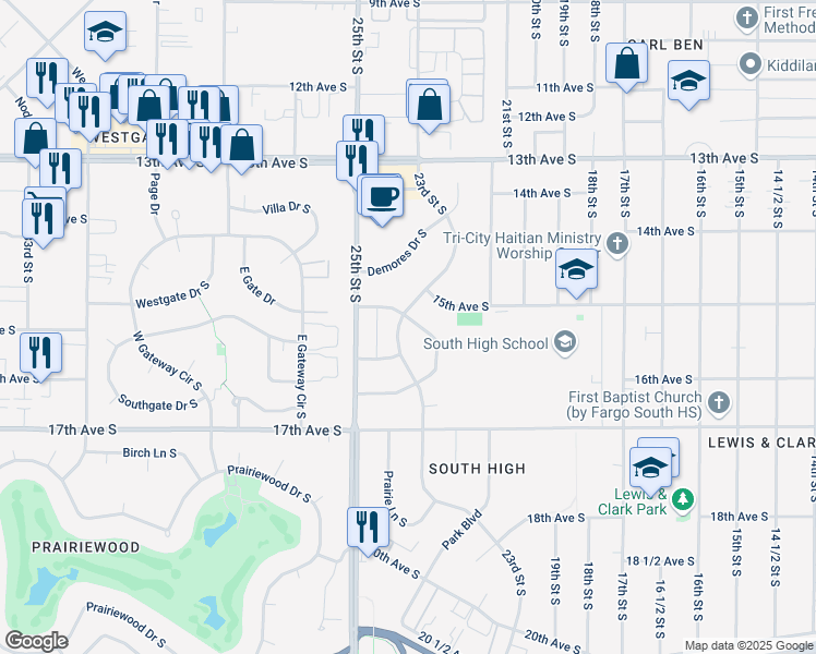 map of restaurants, bars, coffee shops, grocery stores, and more near 2232 North Flickertail Drive South in Fargo