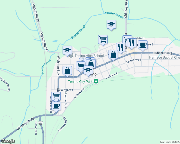 map of restaurants, bars, coffee shops, grocery stores, and more near 253 Sussex Avenue East in Tenino