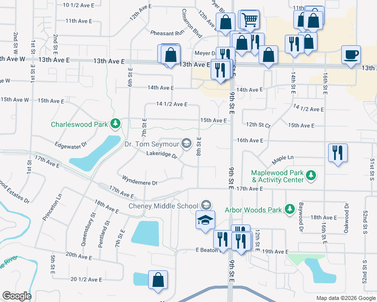 map of restaurants, bars, coffee shops, grocery stores, and more near 1566 Woodridge Lane in West Fargo