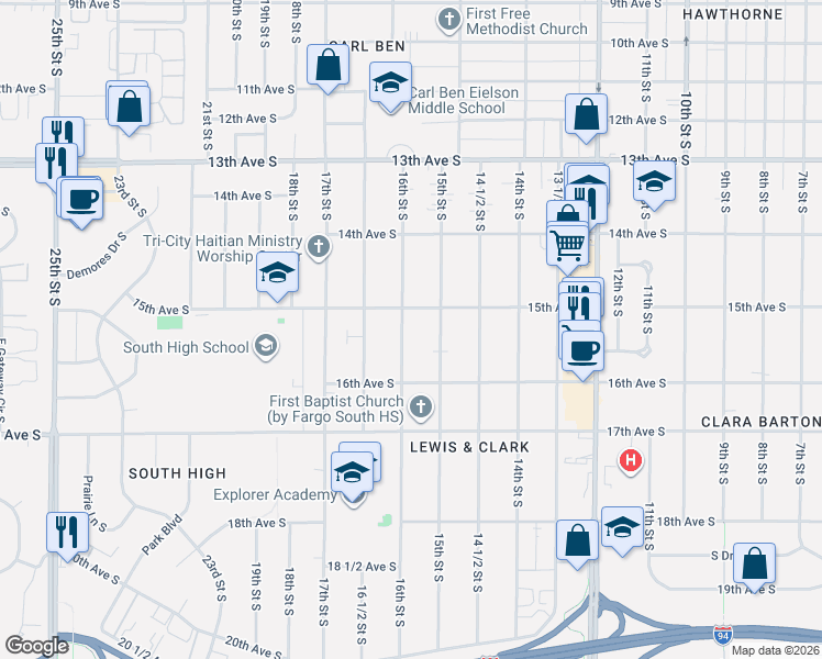 map of restaurants, bars, coffee shops, grocery stores, and more near 1512 16th Street South in Fargo
