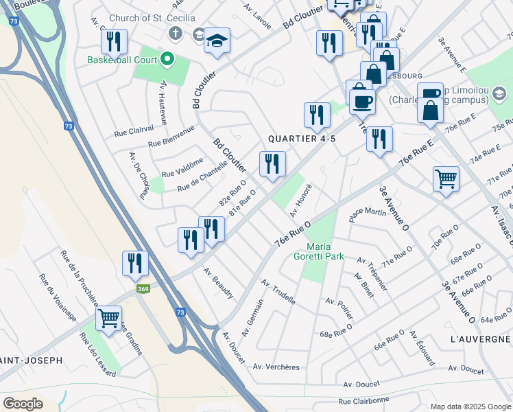 map of restaurants, bars, coffee shops, grocery stores, and more near 583 Boulevard Louis-XIV in Québec