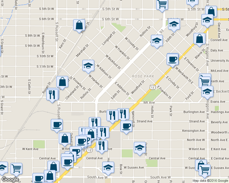 map of restaurants, bars, coffee shops, grocery stores, and more near 925 Edith Street in Missoula