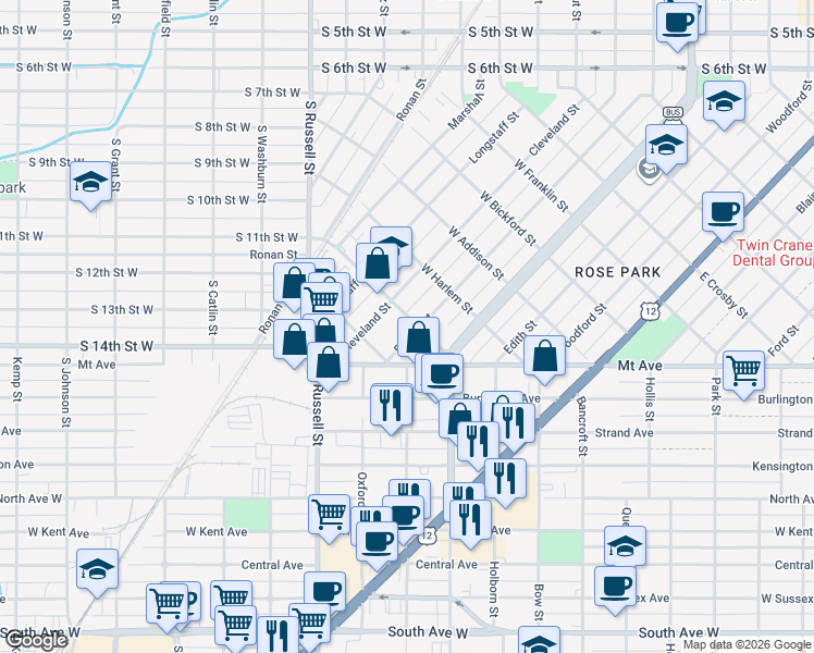 map of restaurants, bars, coffee shops, grocery stores, and more near 1109 Rollins Street in Missoula