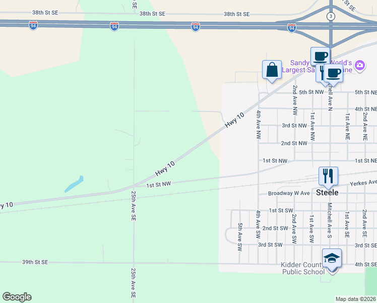 map of restaurants, bars, coffee shops, grocery stores, and more near 2528 County Road 10 in Steele