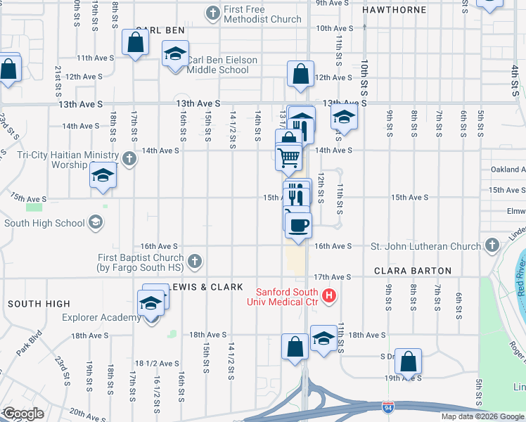 map of restaurants, bars, coffee shops, grocery stores, and more near 1514 14th Street South in Fargo