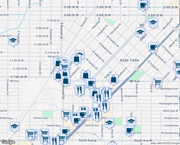 map of restaurants, bars, coffee shops, grocery stores, and more near 1044 Rollins Street in Missoula