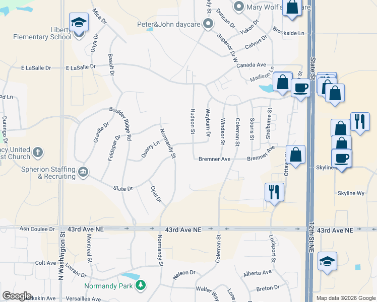 map of restaurants, bars, coffee shops, grocery stores, and more near 4613 Halifax Street in Burleigh