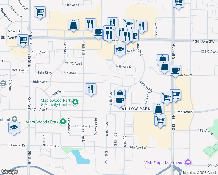 map of restaurants, bars, coffee shops, grocery stores, and more near 1607 51st Street South in Fargo