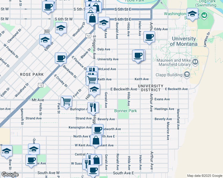 map of restaurants, bars, coffee shops, grocery stores, and more near 201 E Beckwith Ave in Missoula