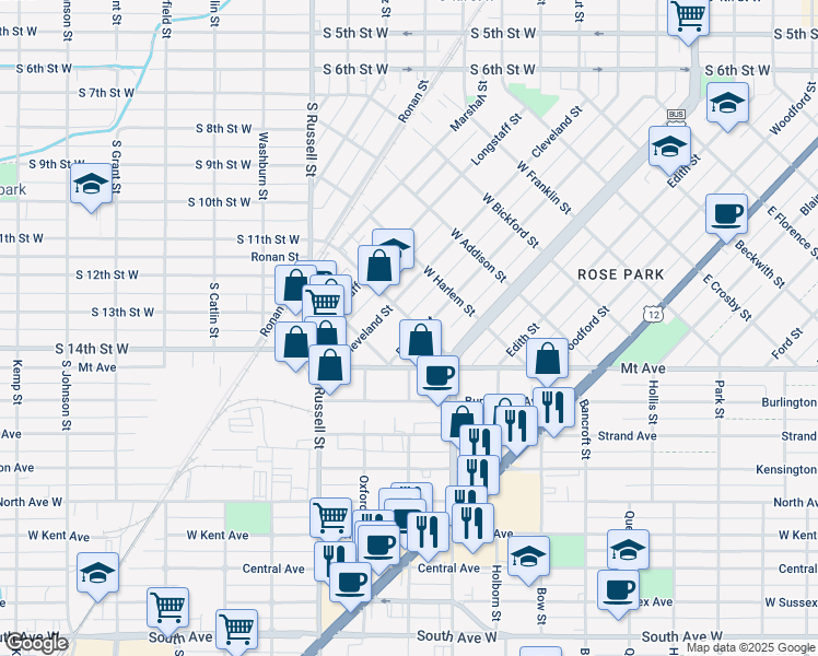 map of restaurants, bars, coffee shops, grocery stores, and more near 1109 Rollins Street in Missoula