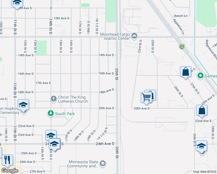map of restaurants, bars, coffee shops, grocery stores, and more near 1615 20th Street in Moorhead