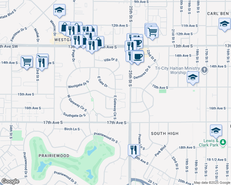map of restaurants, bars, coffee shops, grocery stores, and more near 2601 Southgate Drive South in Fargo