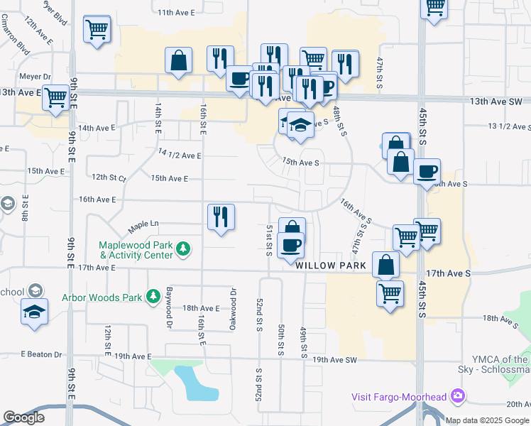 map of restaurants, bars, coffee shops, grocery stores, and more near 1607 51st Street South in Fargo