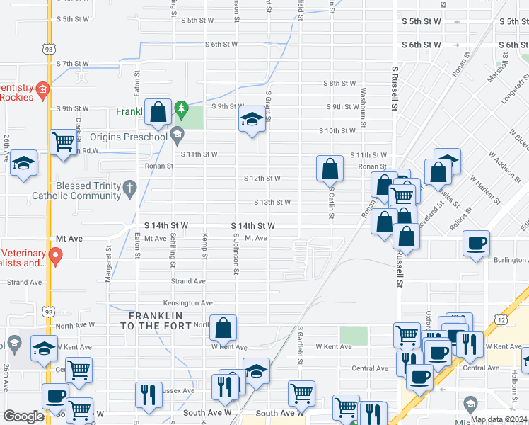 map of restaurants, bars, coffee shops, grocery stores, and more near 1515 South Grant Street in Missoula