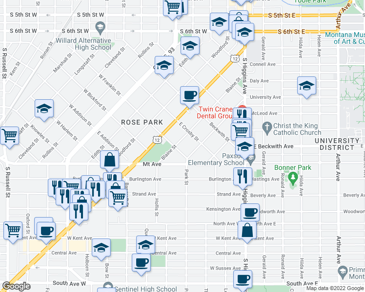 map of restaurants, bars, coffee shops, grocery stores, and more near 640 Blaine Street in Missoula