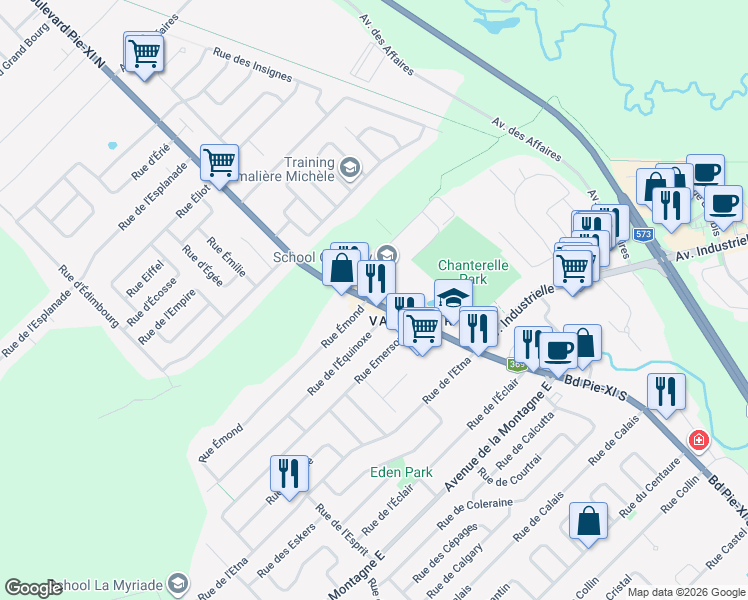 map of restaurants, bars, coffee shops, grocery stores, and more near 1465 Rue de l'Innovation in Quebec