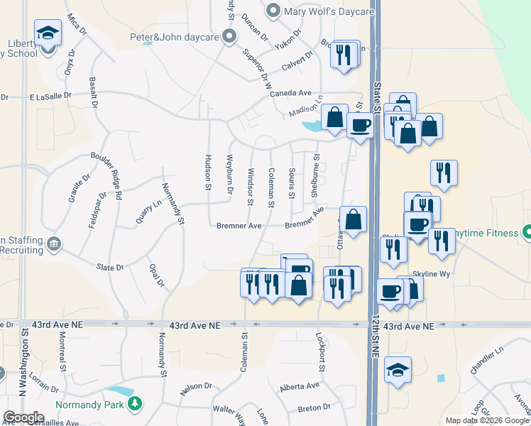 map of restaurants, bars, coffee shops, grocery stores, and more near 4708 Coleman Street in Bismarck